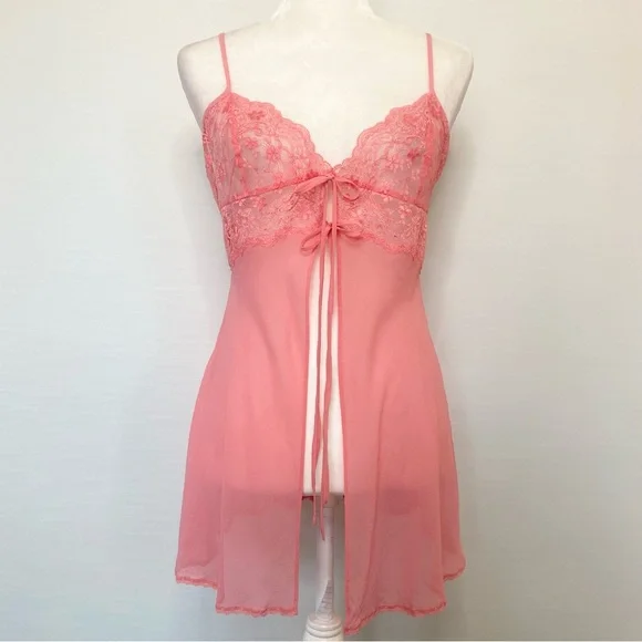 Y2K Victoria’s Secret Silk Pink Lace Chiffon Vintage VDay Babydoll Slip Dress M